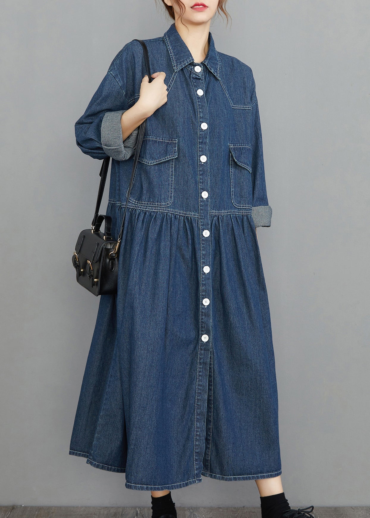 Navy Peter Pan Collar Button Pockets Wrinkled Denim Dress