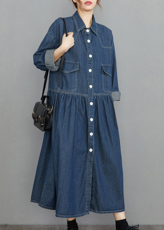 Navy Peter Pan Collar Button Pockets Wrinkled Denim Dress