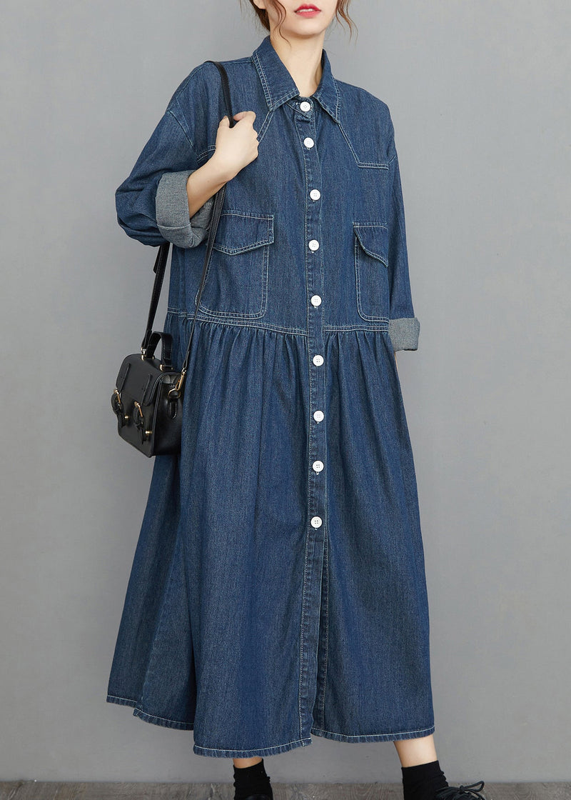 Navy Peter Pan Collar Button Pockets Wrinkled Denim Dress