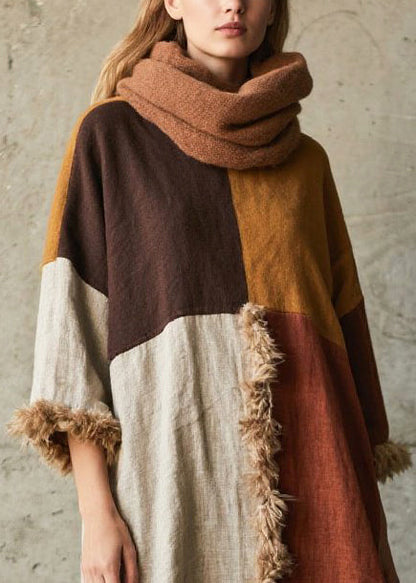 Stylish Colorblock Oversized Patchwork Faux Fur Robe Dresses Bracelet Sleeve