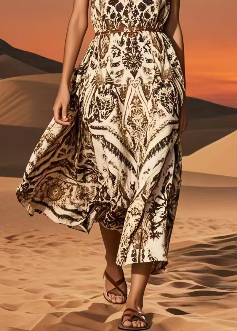 Brown O-neck Print Cotton Sundress Summer