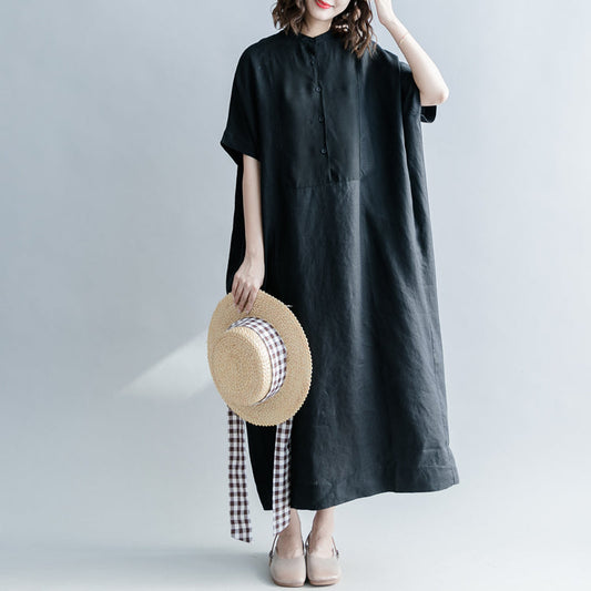 Fine Black Silk Linen Dresses Oversize Stand Baggy Dresses Caftans Short Sleeve Patchwork Gown