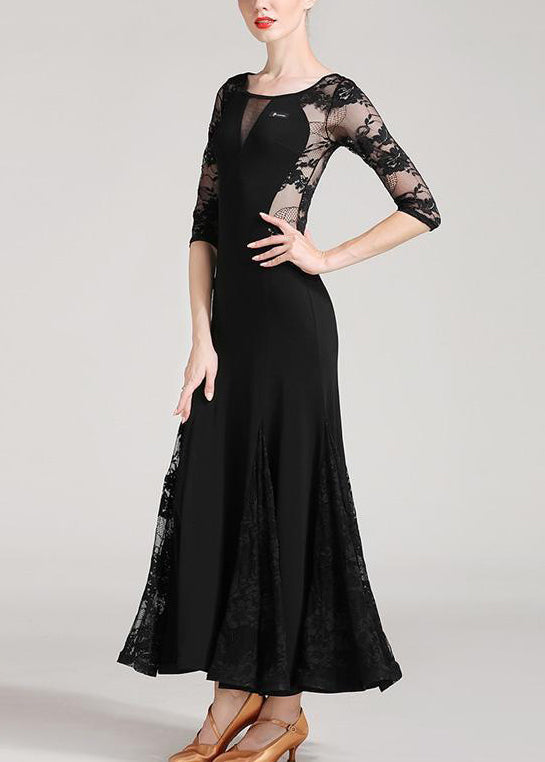 Black O Neck Lace Patchwork Dresses Half Sleeve