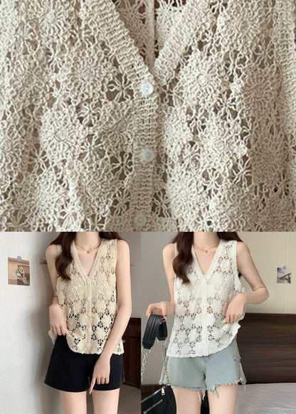 White V Neck Knit Tops Sleeveless