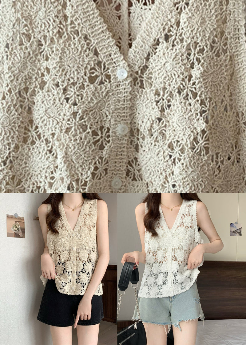 White V Neck Knit Tops Sleeveless