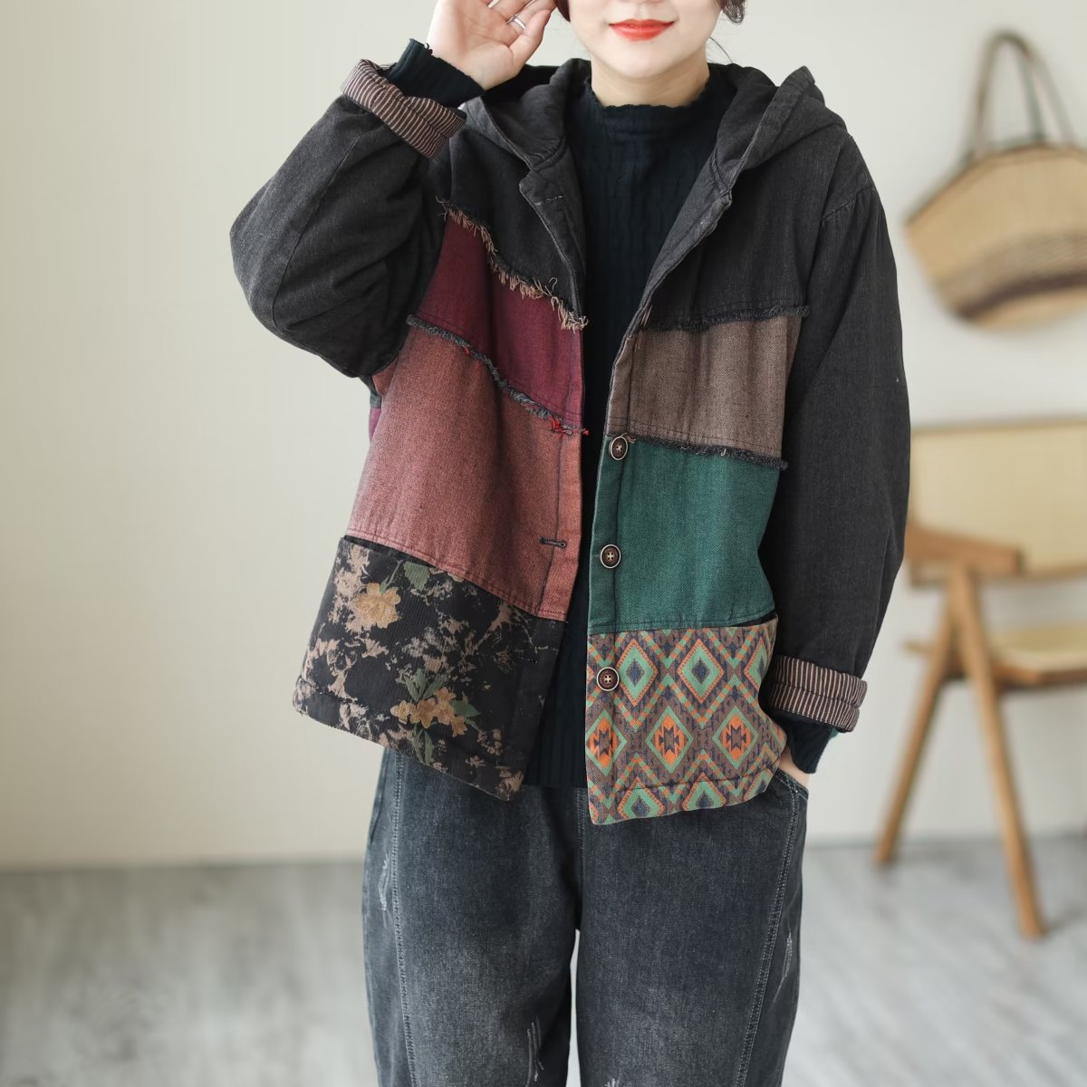 Padded Thick Loose Colorblock Denim Jacket