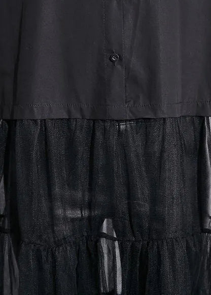 Modern Black Cotton Patchwork Tulle Fine Runway Lapel False Two Pieces Cotton Summer Dresses
