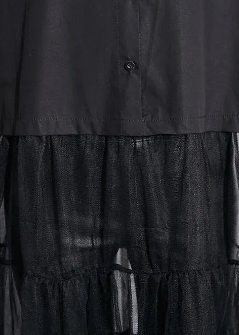 Modern Black Cotton Patchwork Tulle Fine Runway Lapel False Two Pieces Cotton Summer Dresses