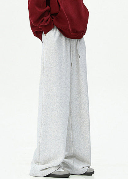 Loose Dark Gray Embroideried Pockets Cotton Wide Leg Pants Spring