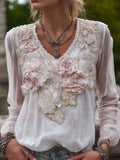 Vintage Pink Flowers Embroidered Long Sleeve Linen Shirt elevenforest