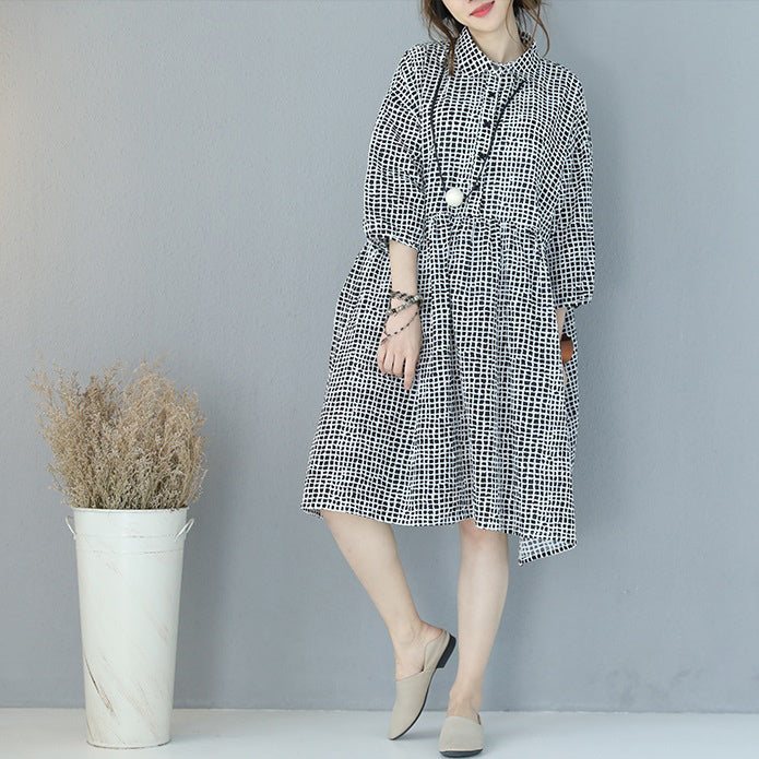Fine Black Plaid Pure Cotton Dress Clothing Shirt Dress Boutique Lapel Collar Bracelet Sleeved Natural Cotton Dress