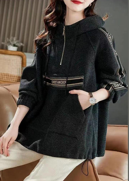Dark Grey Drawstring Patchwork Cotton Sweatshirt Zip Up Fall