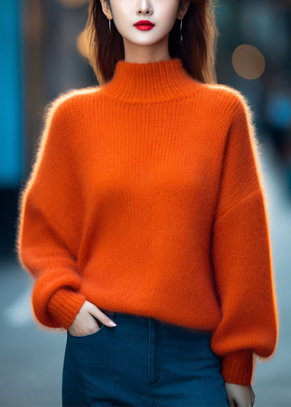 Simple Orange Turtleneck Cotton Knit Top Long Sleeve