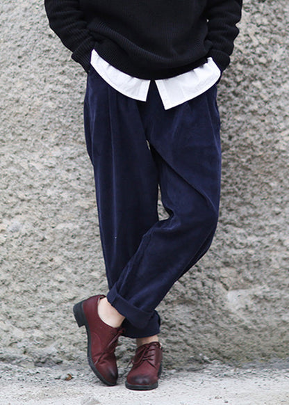 Navy Blue Elastic Waist Corduroy Harem Pants Spring