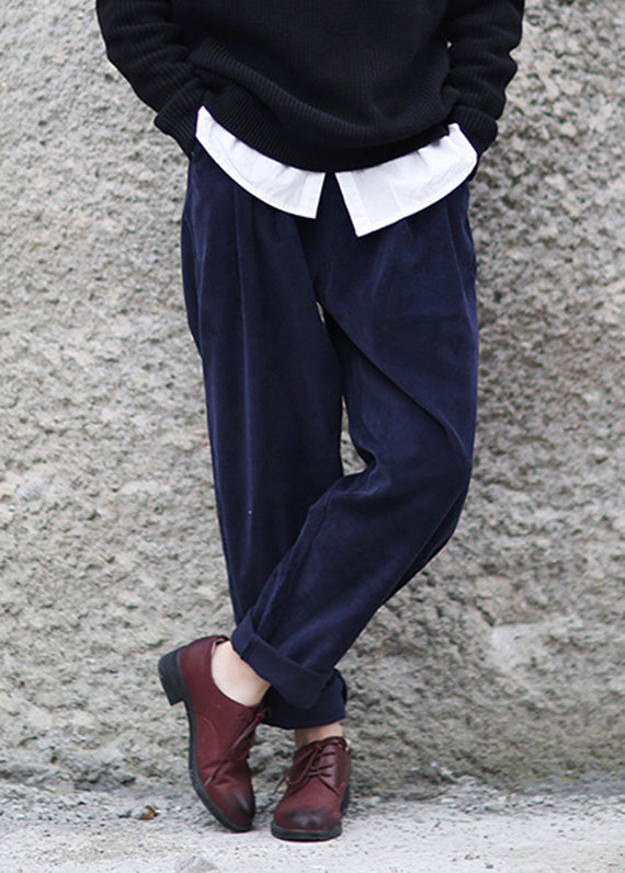 Navy Blue Elastic Waist Corduroy Harem Pants Spring