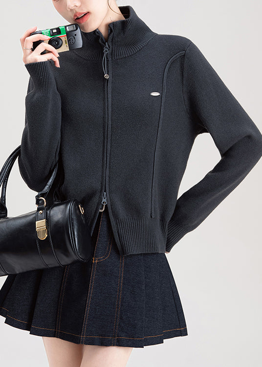 Dark Grey Zip Up High Neck Knit Sweaters Coat Fall