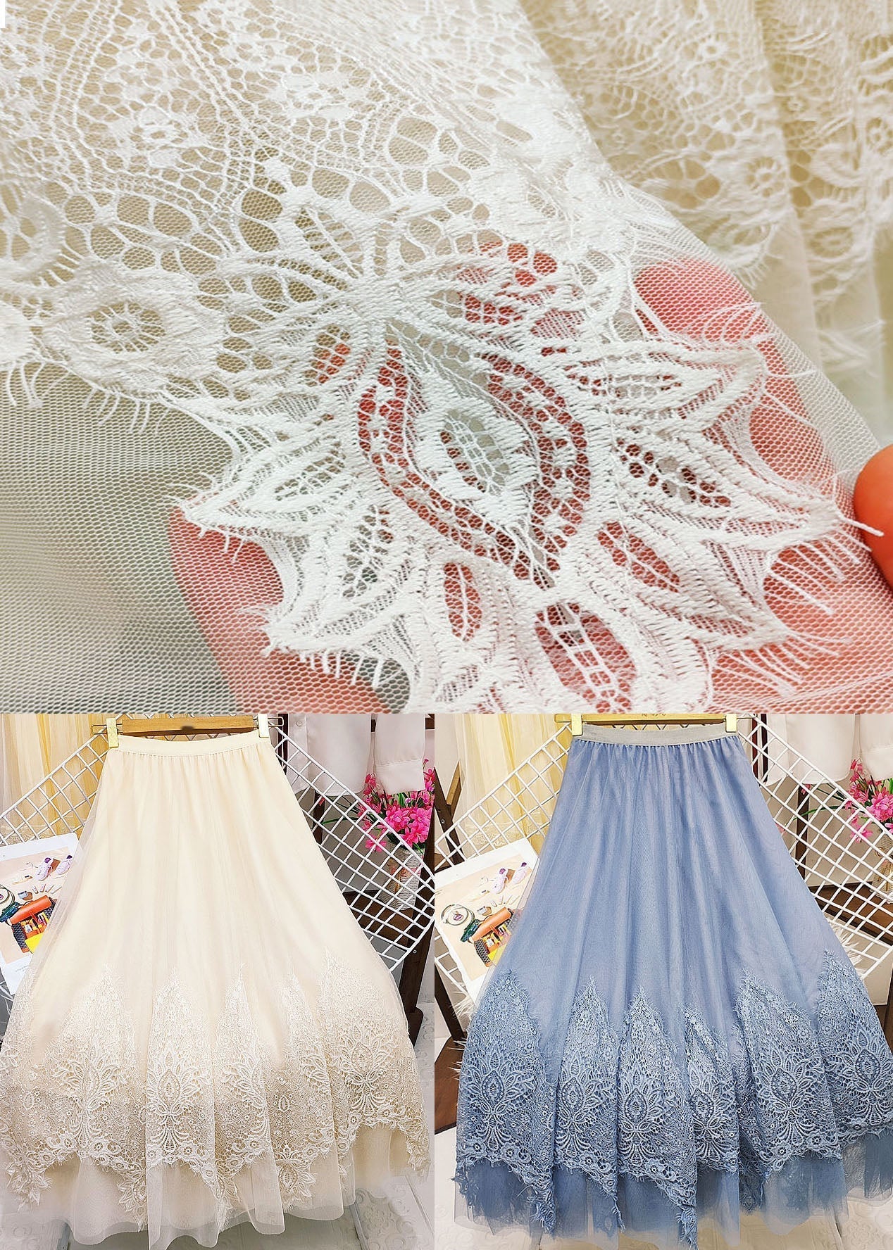 Apricot Asymmetrical Patchwork Lace Tulle Skirt Summer