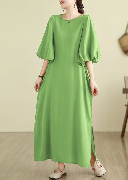 Fruit Green Side Open Cotton Vacation Dresses Lantern Sleeve