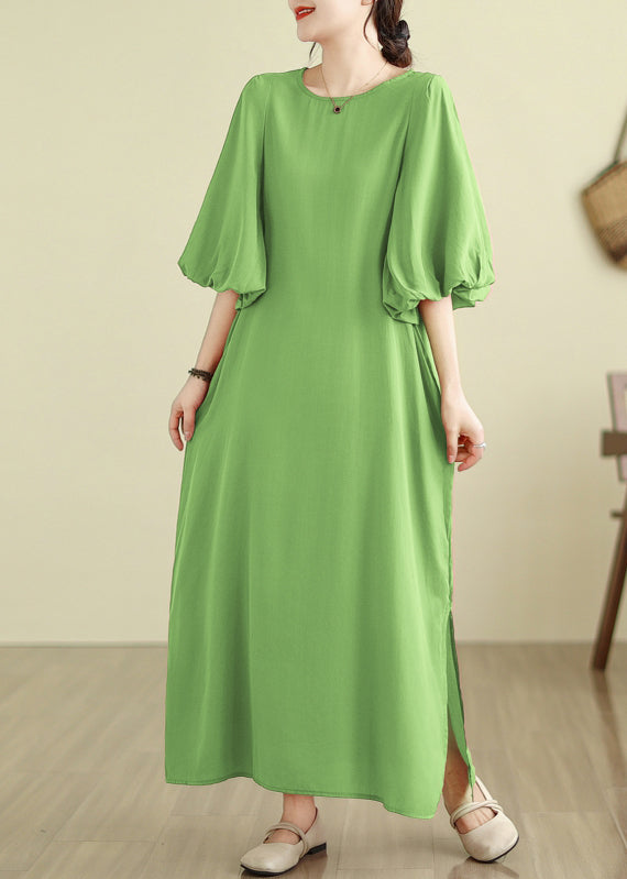 Fruit Green Side Open Cotton Vacation Dresses Lantern Sleeve