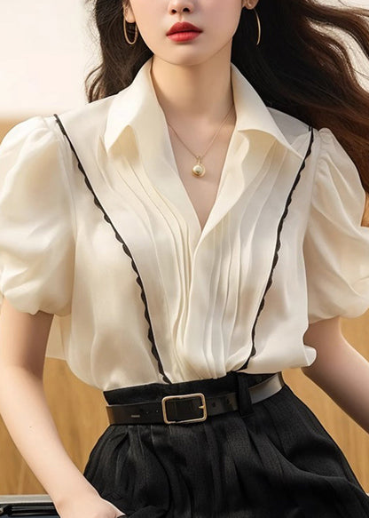 French White Peter Pan Collar Wrinkled Patchwork Silk Tops Summer