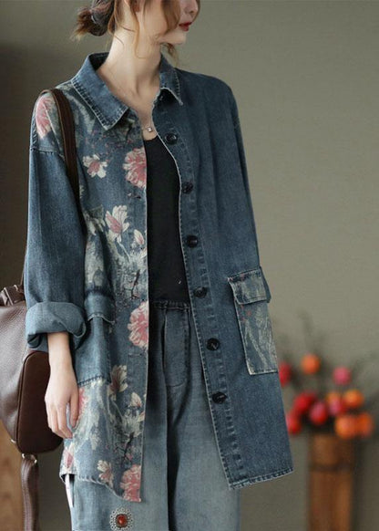 Classy Big Flower Print Patchwork Blouse Tops Long Sleeve