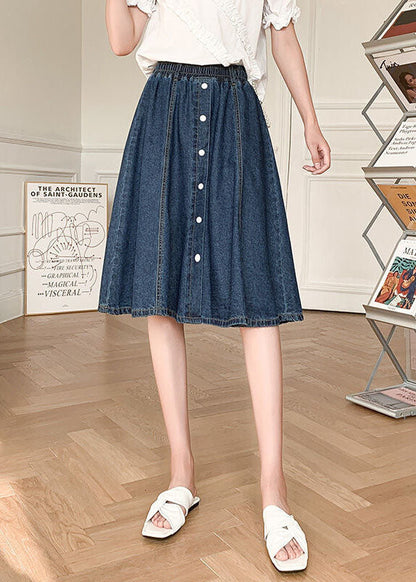 Natural Navy Elastic Waist Button Cotton Denim Skirts Cozy