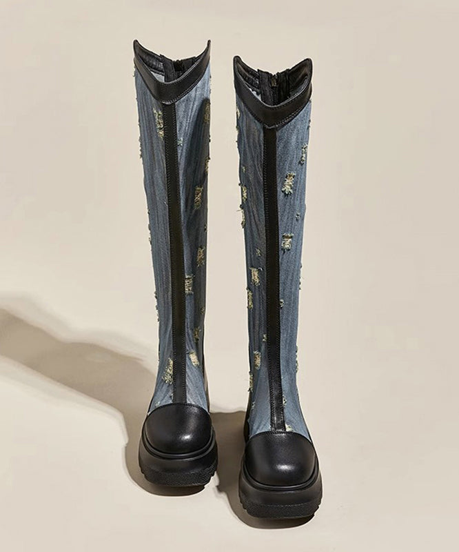 Black Cotton Zipper Splicing Hollow Out Chunky Cowboy Boots