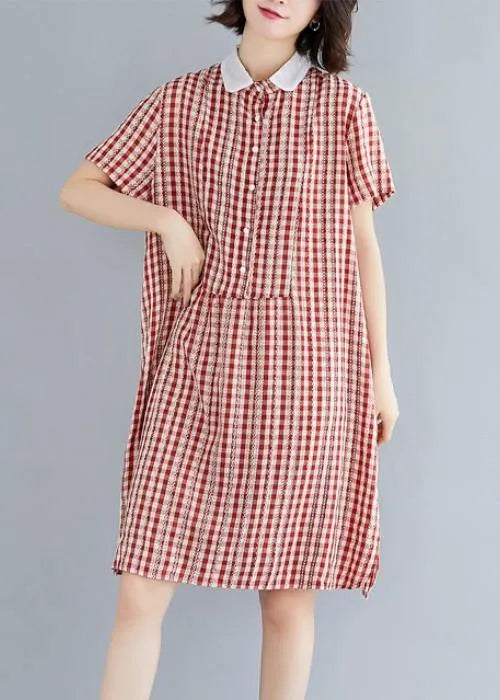 Italian Red Plaid Cotton Tunics Peter Pan Collar Knee Summer Dress