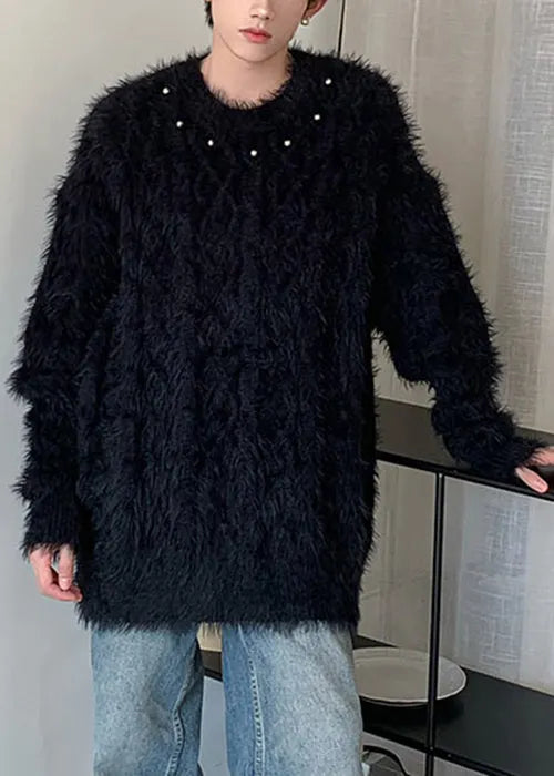 Blue O Neck Nail Bead Mink Hair Knitted Sweaters Winter