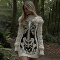 Comstylish Women's Vintage Halloween Skeleton Bones With Rose Art Cozy Knit Mini Sweater Dress