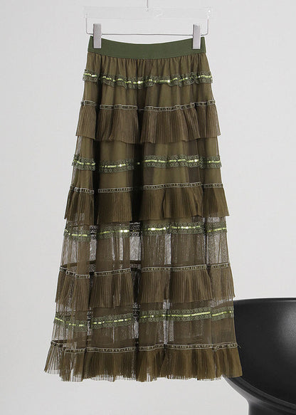 Unique Green Elastic Waist Tulle a Line Skirts Spring