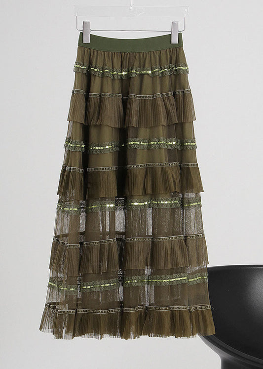 Unique Green Elastic Waist Tulle a Line Skirts Spring