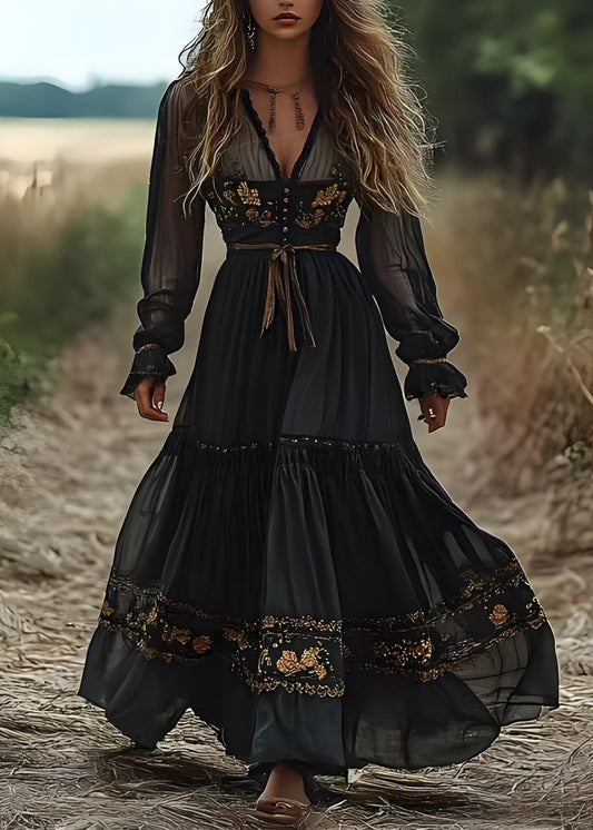 Blackish Green V Neck Wrinkled Patchwork Cotton Long Dress Spring