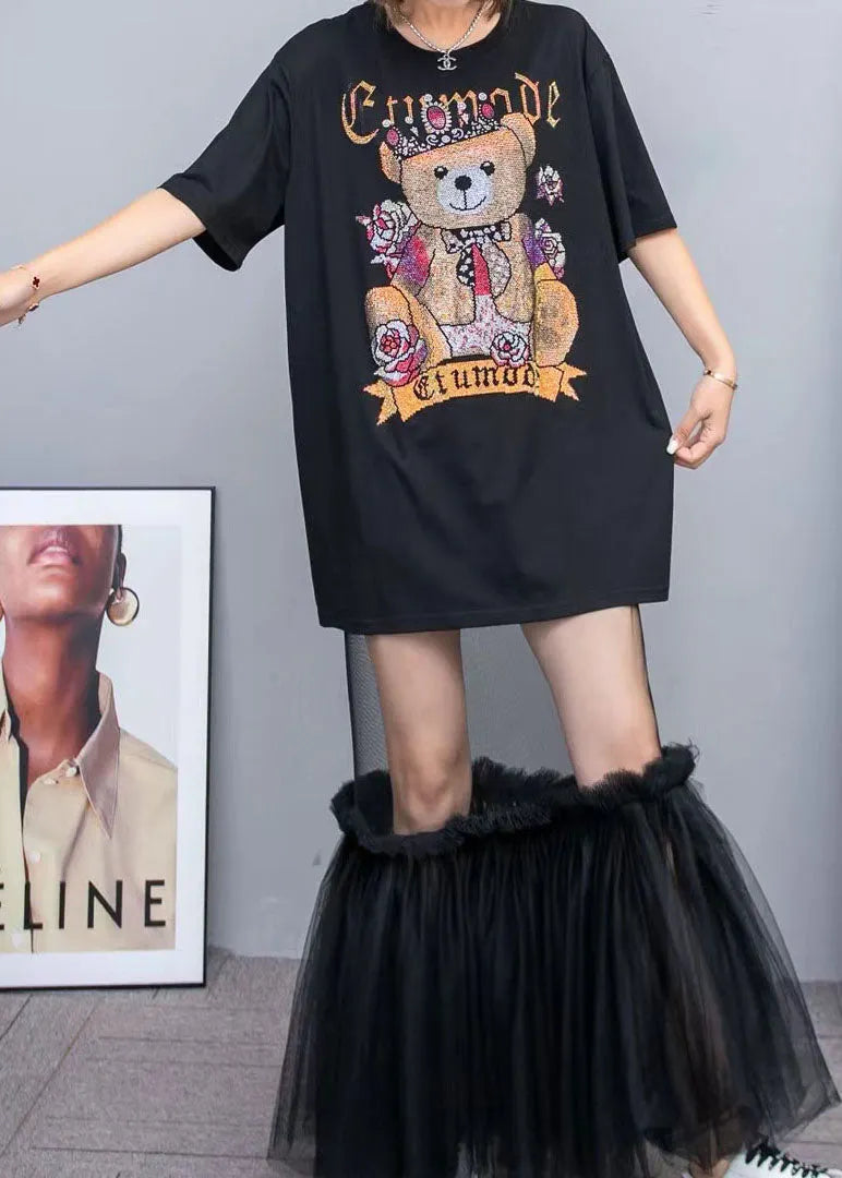 Black Cotton T Shirt Tops and Tulle Skirts Two Pieces Set O-neck Wrinkled Summer