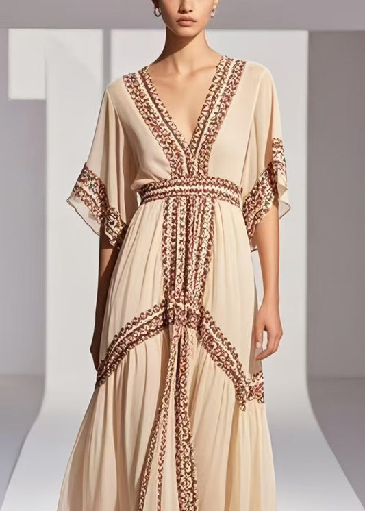 Style Apricot Print Exra Large Hem Chiffon Vacation Dress Summer