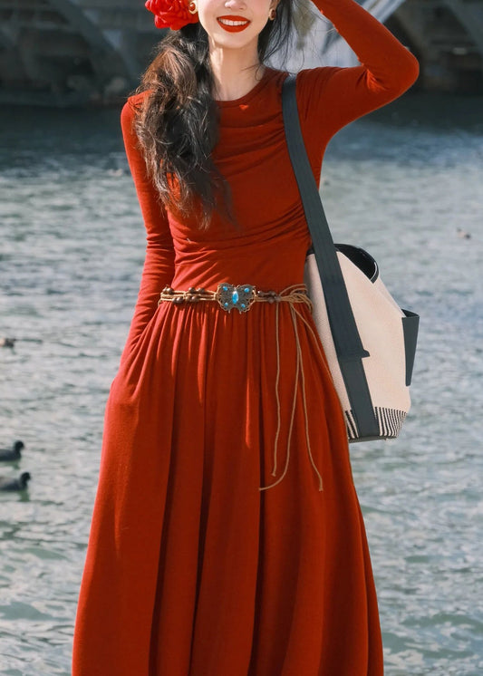 Red O-neck Pockets Cotton Long Dress Spring