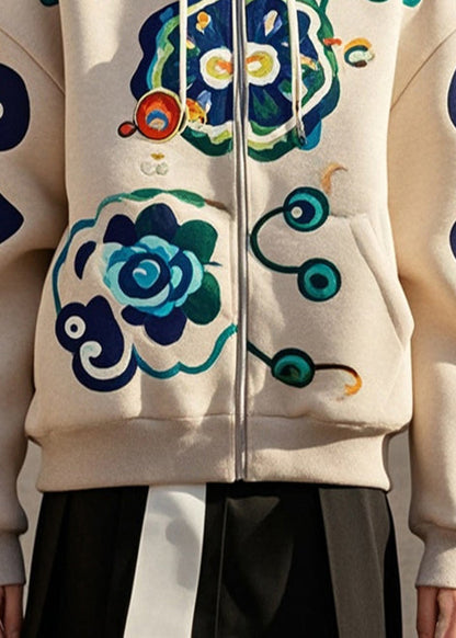 Khaki Print Drawstring Cotton Hooded Coat Fall