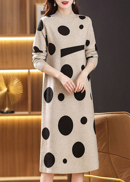 Beige Turtleneck Print Patchwork Knit Long Sweater Fall