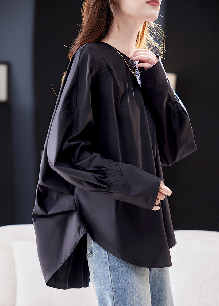 Loose Black Patchwork Low High Design Cotton Top Spring