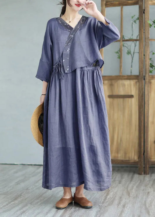 Retro Navy V Neck Patchwork Linen Top and Maxi Skirts Two Pieces Set Summer