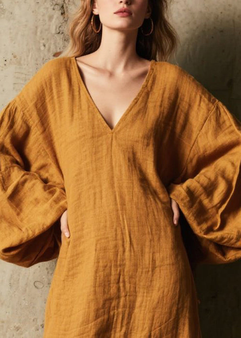 Coffee V Neck Patchwork Faux Fur Dress Lantern Sleeve