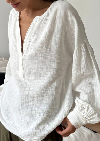 White V Neck Patchwork Cotton T Shirts Fall