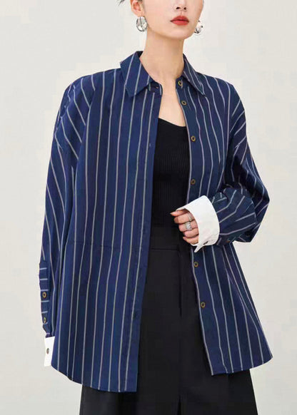 Navy Striped Button Cotton Shirt Fall