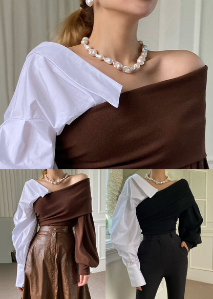 Brown Asymmetrical Patchwork Cotton Knit Top Fall