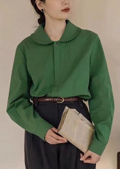Loose Green Peter Pan Collar Button Cotton Blouses Fall