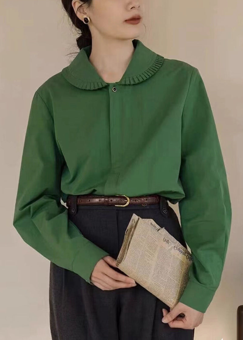Loose Green Peter Pan Collar Button Cotton Blouses Fall