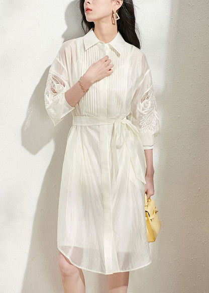 Loose Beige Hollow Out Tie Waist Shirts Dress and Spaghetti Strap Dress Silk Two Piece Set Fall