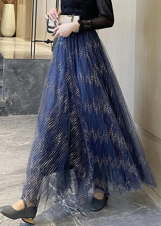 Blue Wrinkled Tulle a Line Skirts High Waist Summer