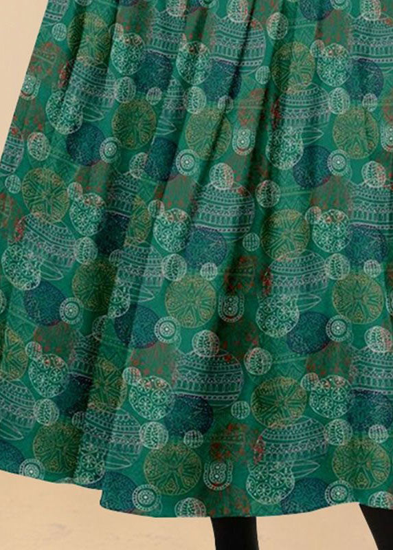Green Wrinkled Pockets Print Patchwork Silk Skirts Summer