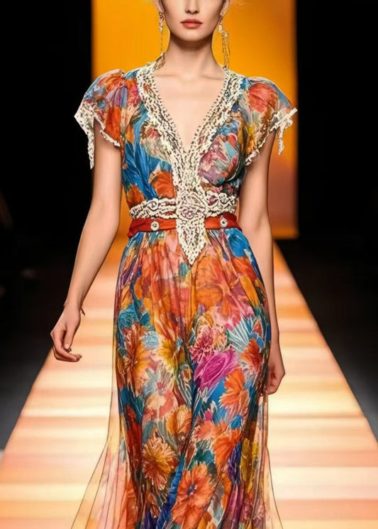 Modern Cinched Print Chiffon Long Dresses Summer